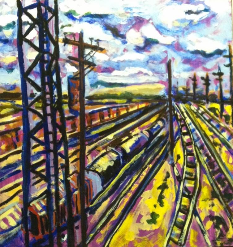 Purple train yards, acrylic on wood 2014 Collection of Michael Richardson